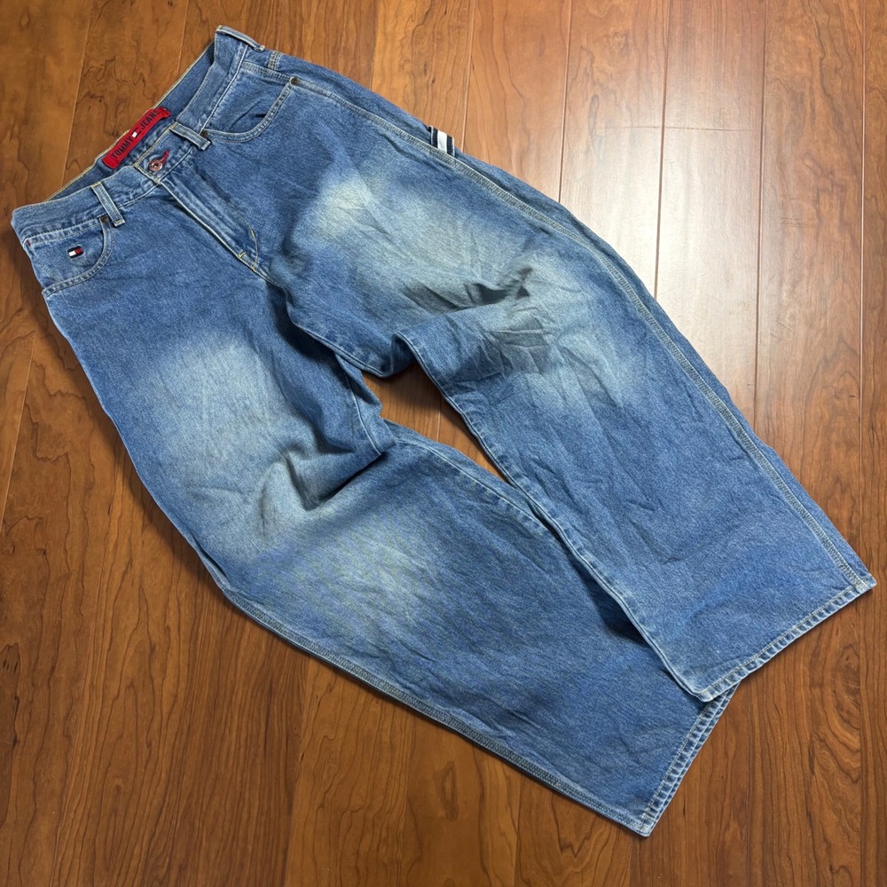 Vintage Tommy Jeans Mens 30x32 Wide Leg Carpenter Denim Blue Flag Logo 90s